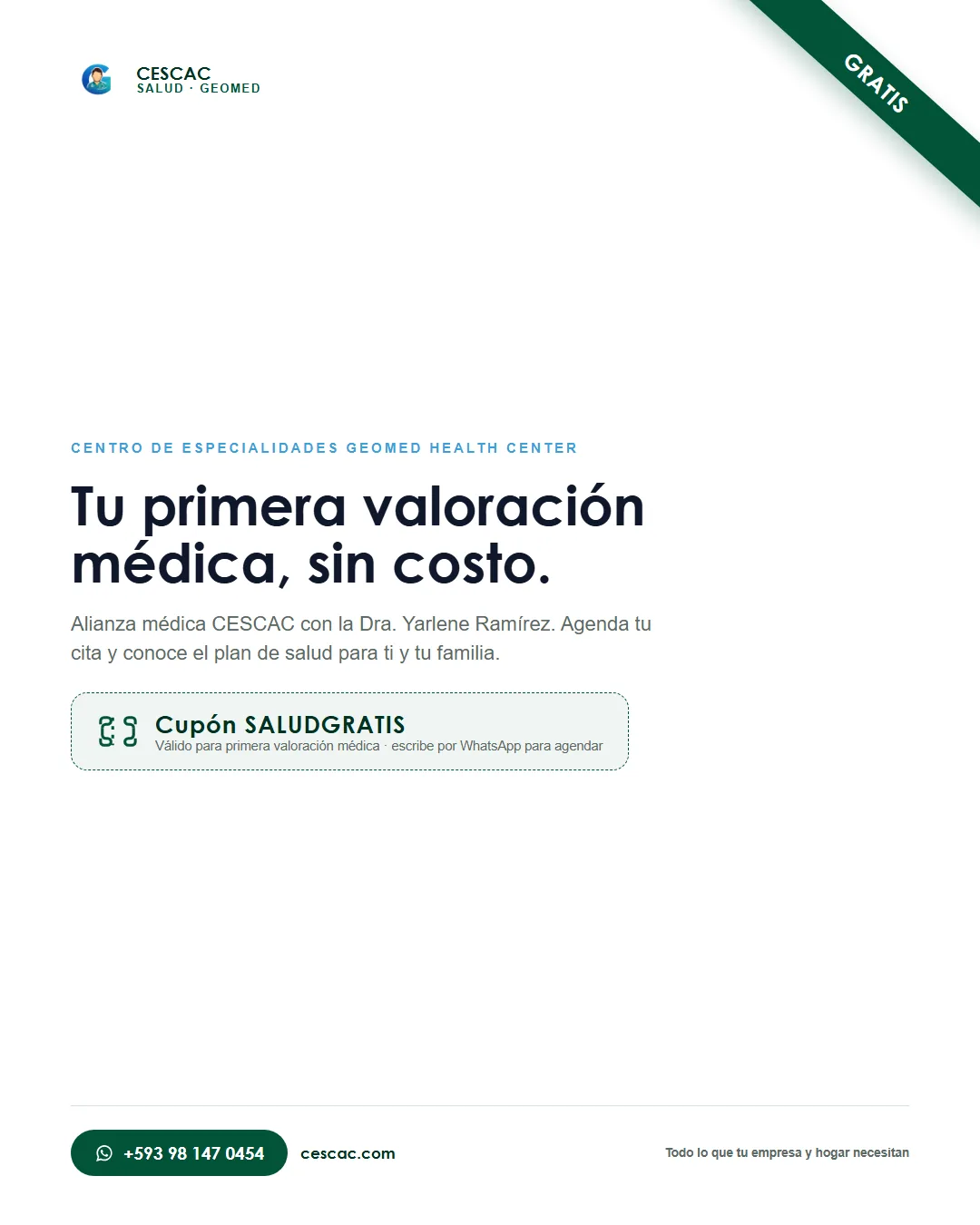 Primera valoración médica gratis en GEOMED Health Center, alianza CESCAC