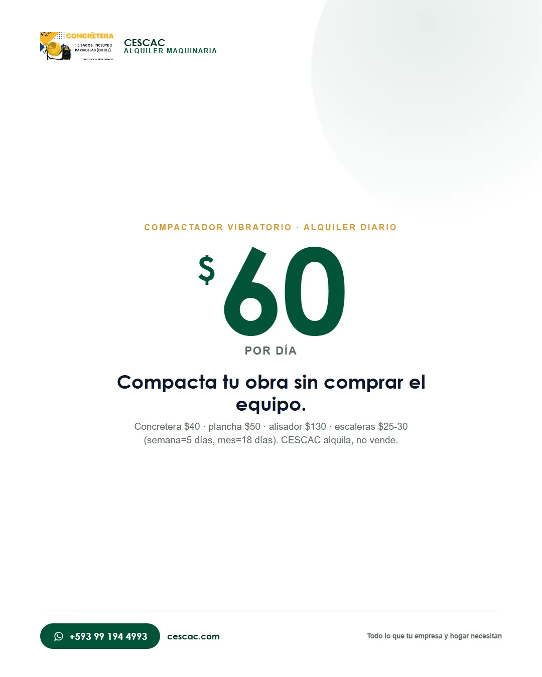 Alquiler de compactador vibratorio CESCAC desde $60 por día