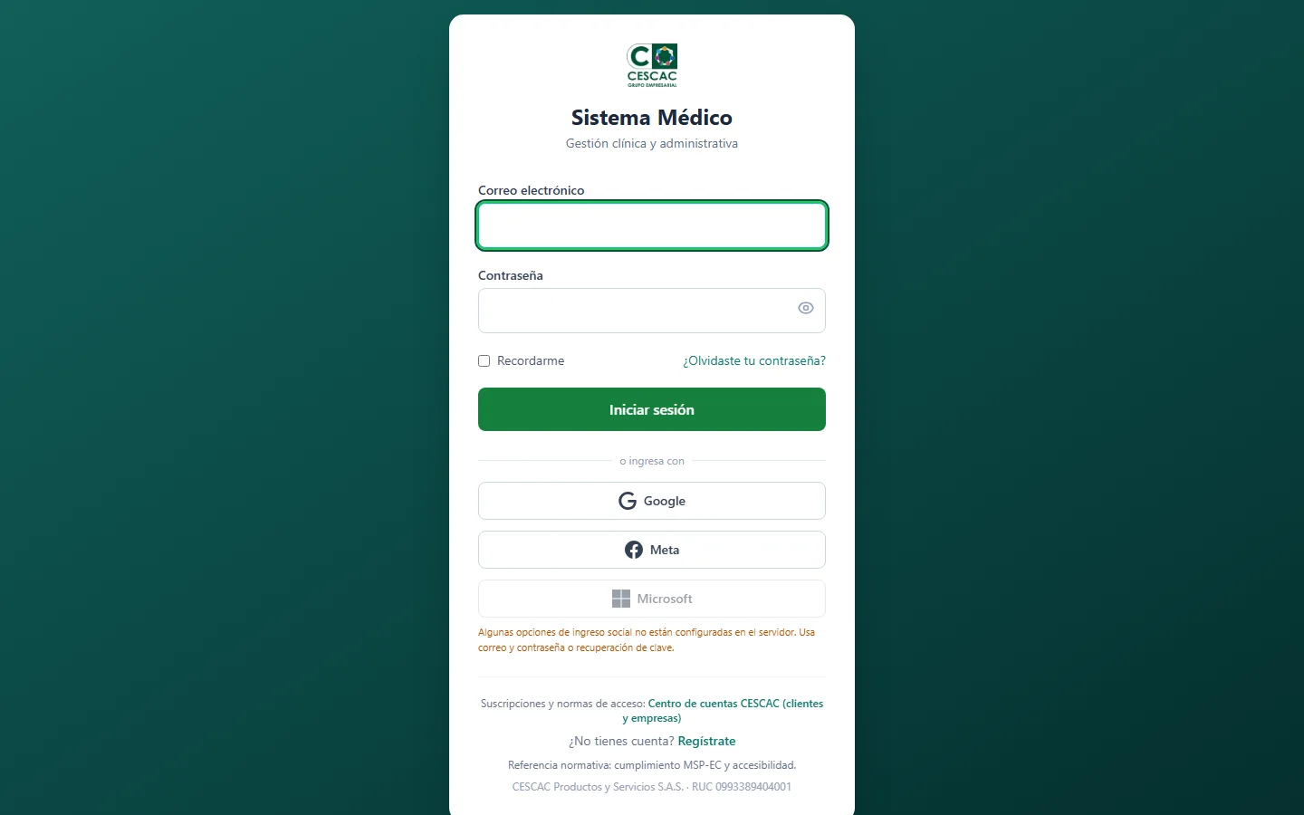 Captura real del ingreso al Sistema Médico CESCAC en sm.cescac.com