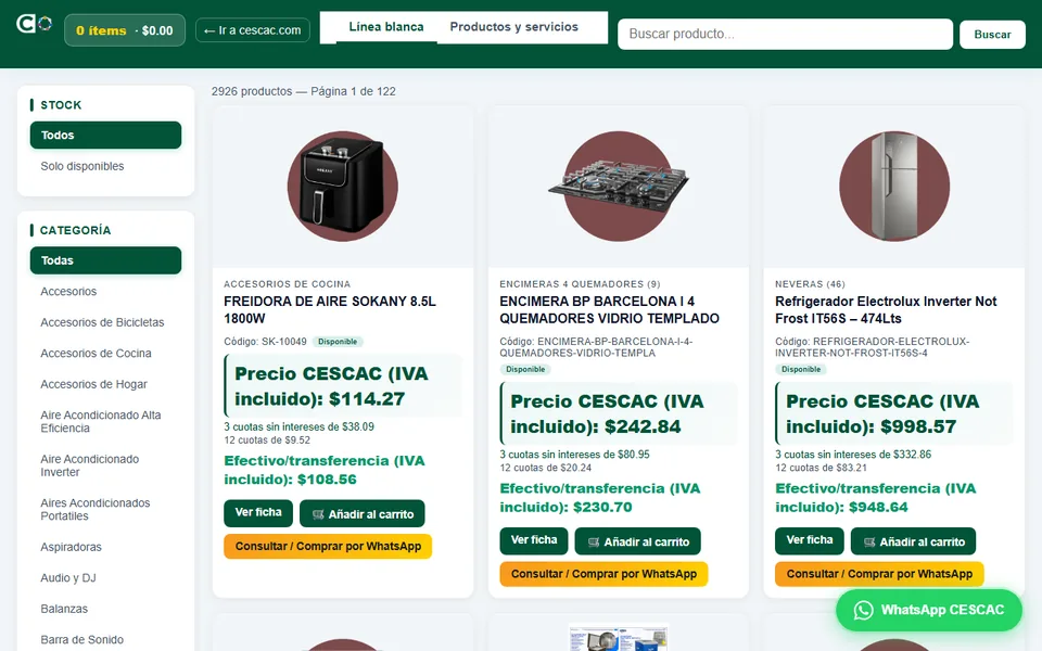 Captura real del catálogo y checkout del CRM CESCAC