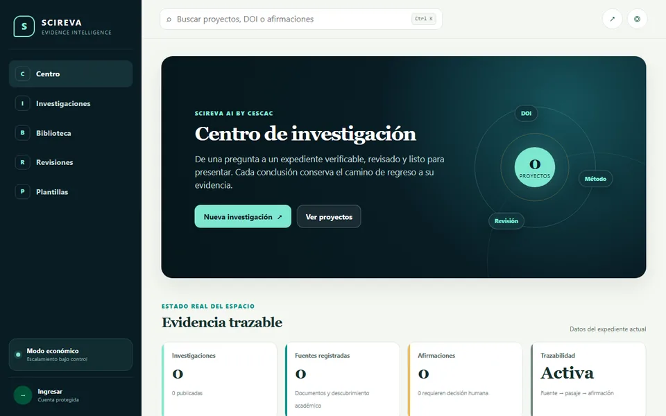 Captura real del Centro de Investigación de SciReva AI